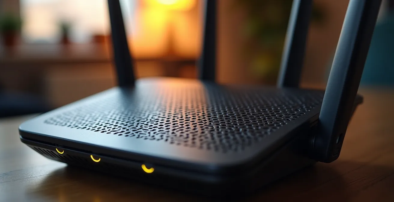 Gros plan sur un routeur mesh moderne avec indicateurs LED colorés dans un environnement domestique