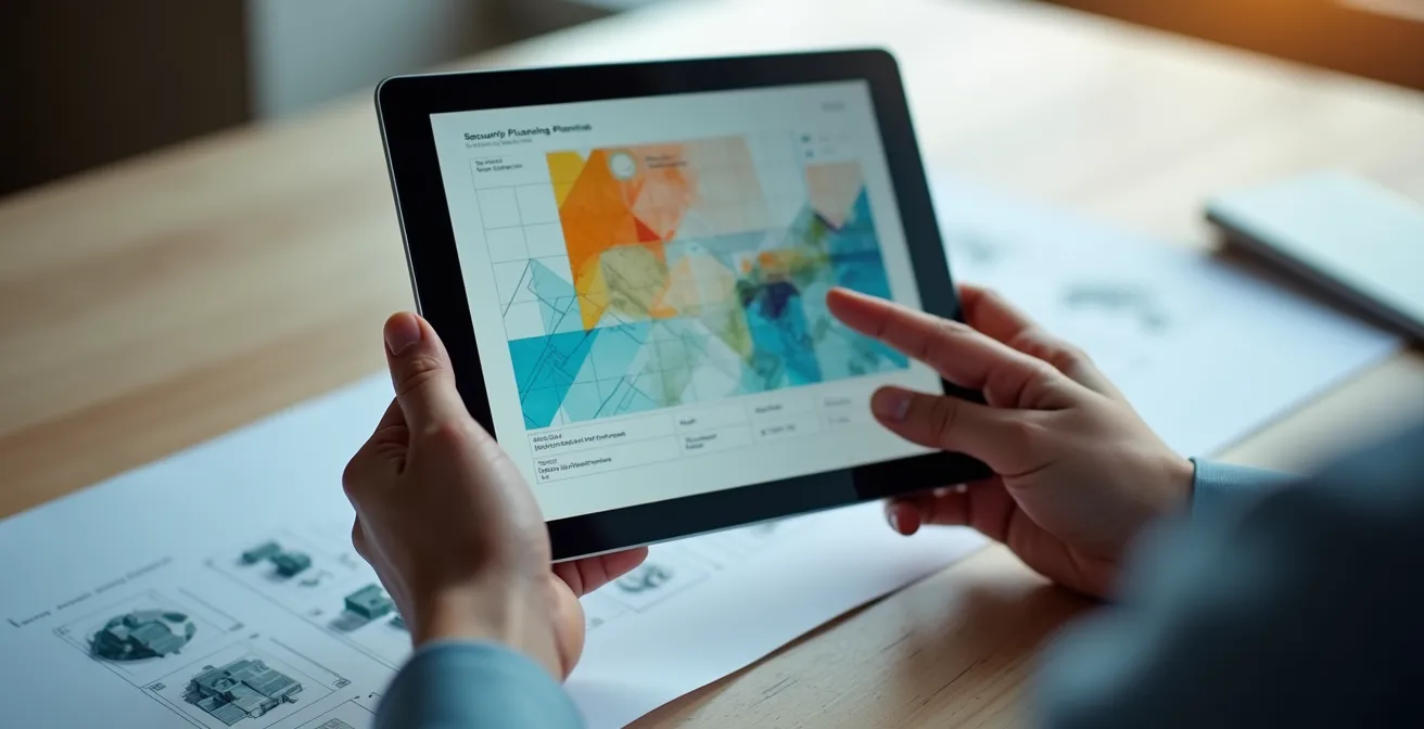 Mains tenant une tablette affichant des zones colorées abstraites représentant un plan de sécurité