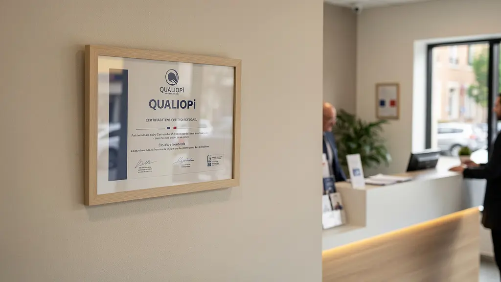 Certificat Qualiopi affiché dans l'entrée d'un centre de formation sécurité