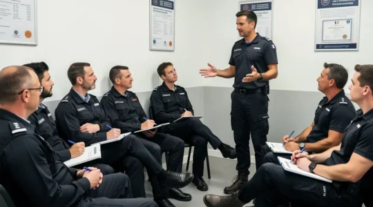 Stagiaires en formation sécurité privée écoutant un formateur dans un centre certifié
